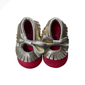 Romirus‎ Red Gold Leather Baby Moccasins Fringe Bow Soft Sole Shoes Size 3